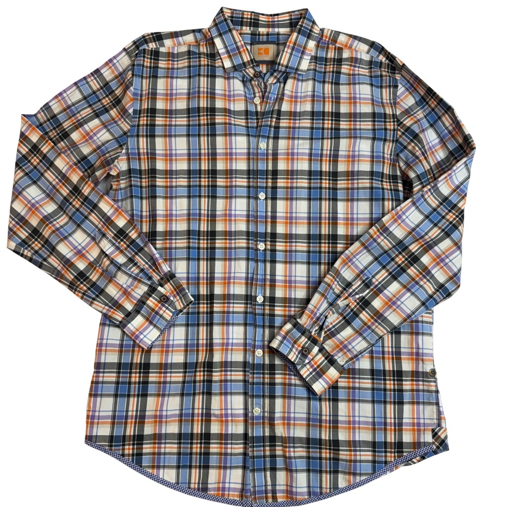 Hugo Boss Orange Mens XXL Plaid Button Down Shirt Blue Orange Long‎ Sleeve Slim